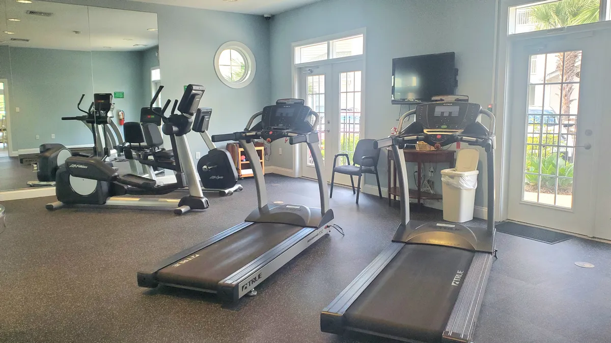 A bright, modern fitness center featuring treadmills and elliptical machines, positioned by large windows that let in abundant natural light. The setup encourages an active lifestyle, with a motivational atmosphere and plenty of space for workouts or classes.